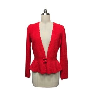 IB Diffusion Red Angora Lambswool Peplum Cardigan‎ Scalloped Sweater Vintage 90s